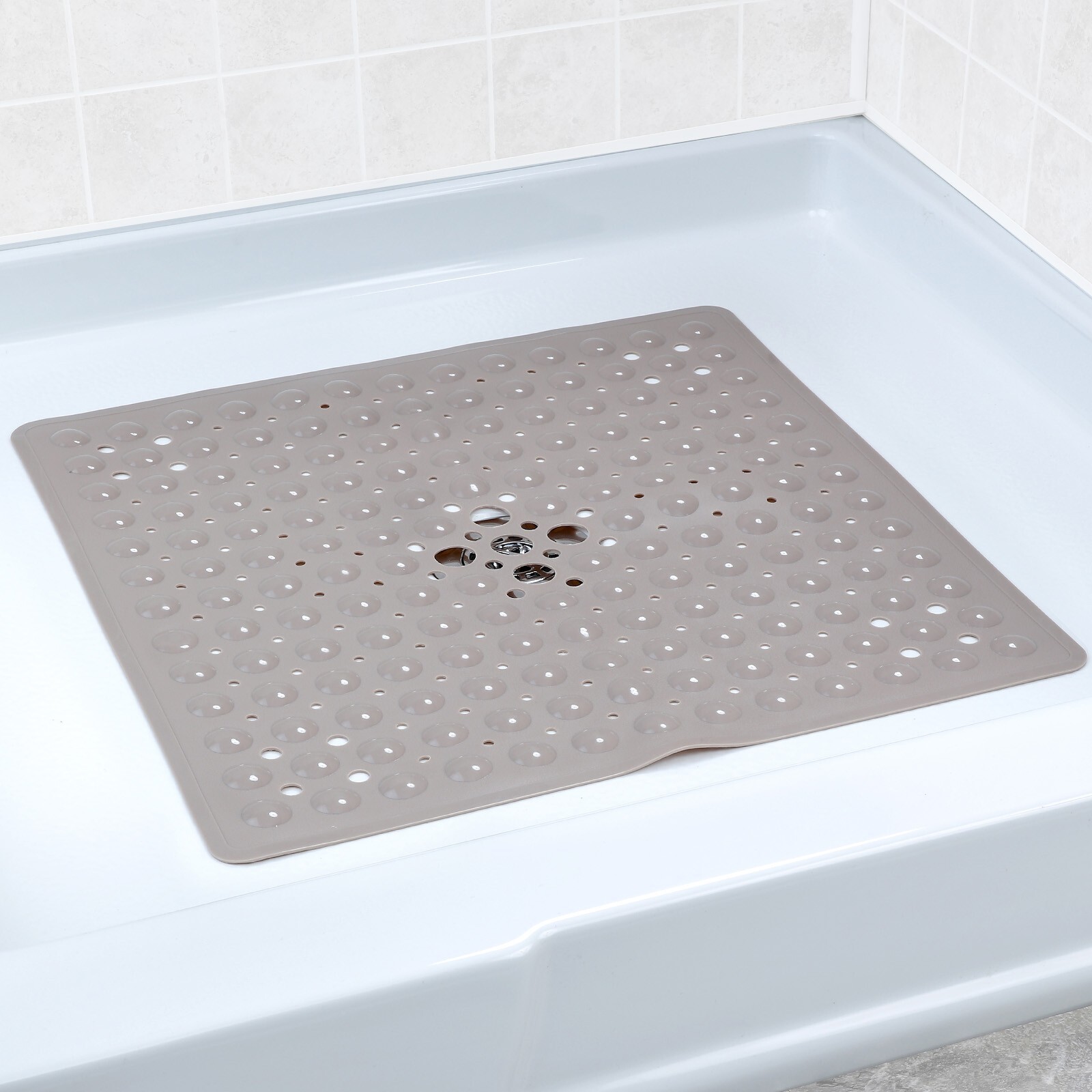 Tan Non-Slip Shower Mat with Drain Holes: SlipX Solutions Square Shower Mat