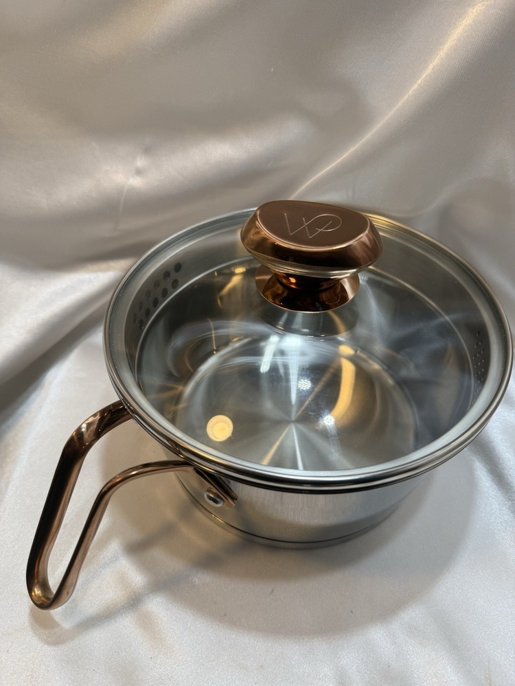 Wolfgang Puck 6 PC Stainless Cookware Set Copper Handles, Knobs Glass Lids