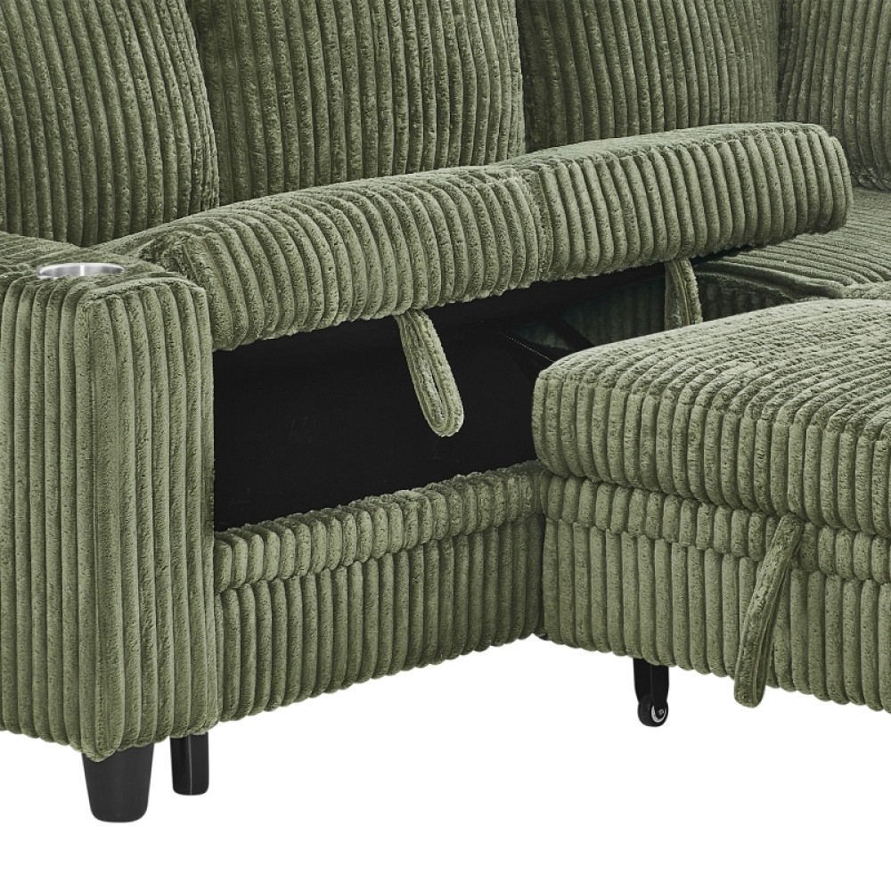 L-Shaped Sofa Bed w/ Pull-Out Sleeper & USB/Type-C, Corduroy, Olive Green
