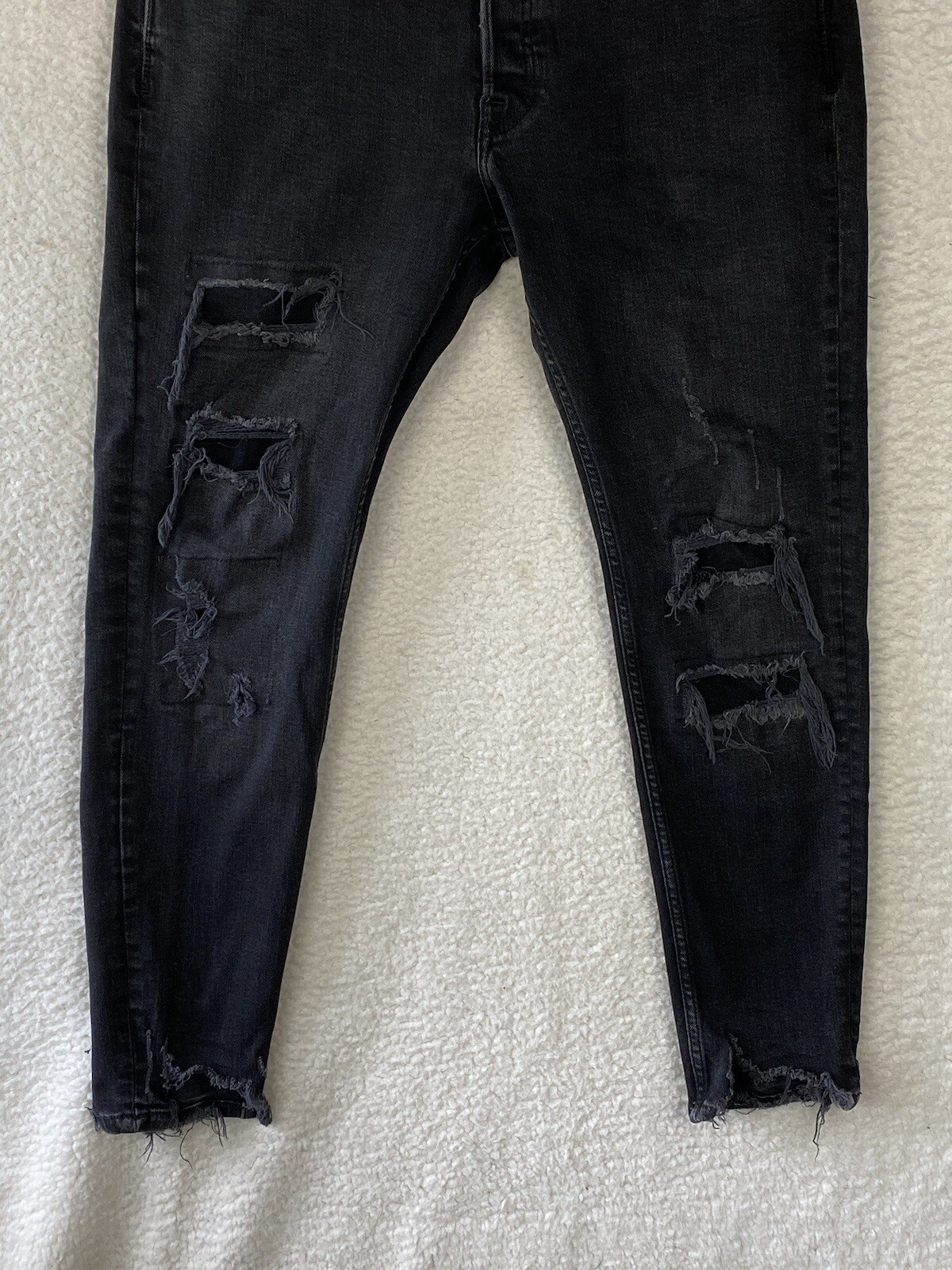 Zara Destressed Jeans Womens 34 Button Fly Cropped Black Skinny Raw Hem Mid Rise