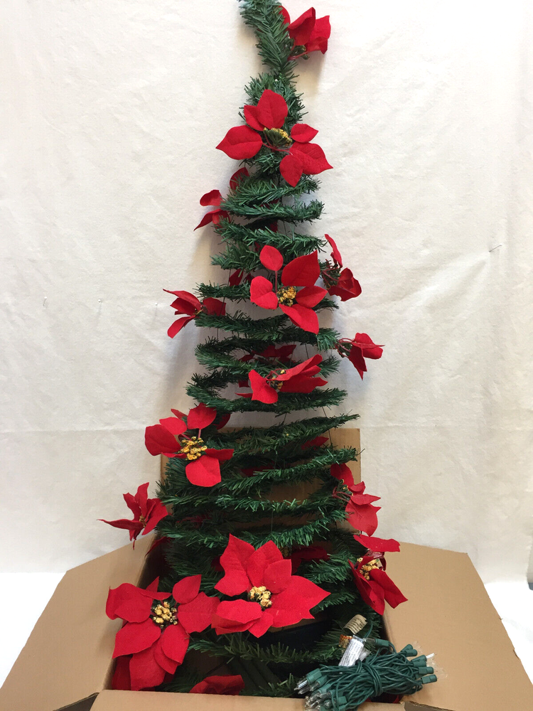 4 Ft Tree Red Pointsettia Lighted Pull Up Collapsible Base Lights Table Top NIP