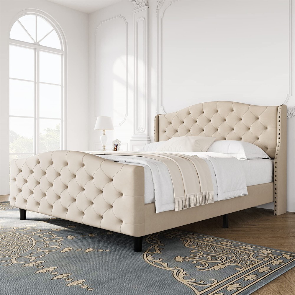 ⭐Bed Frame,Upholstered Bed Frame w/Headboard & Footboard, Modern Button Tufted