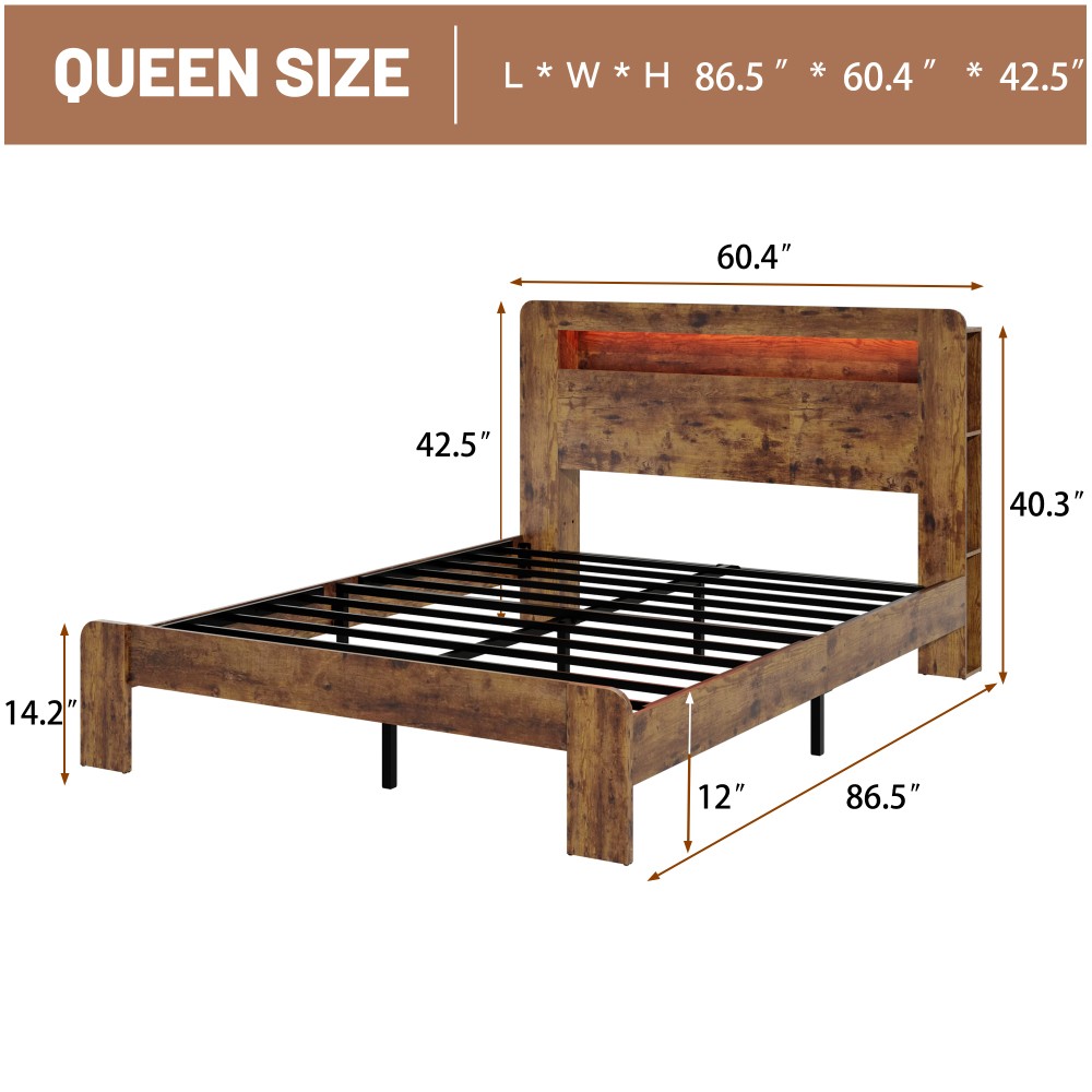 Bed Frame King Size, Wood Platform Bed Frame with Storage LED Light Headboard