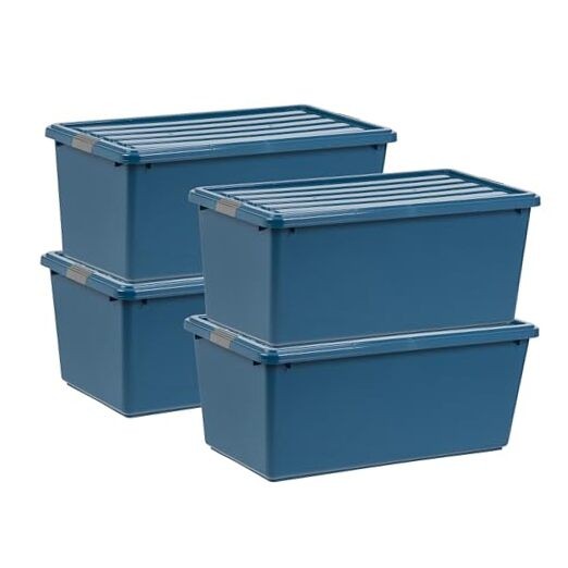 91 Qt Stackable Plastic Storage Bins with 91 Qt. - 4 Pack Eco-Friendly Navy