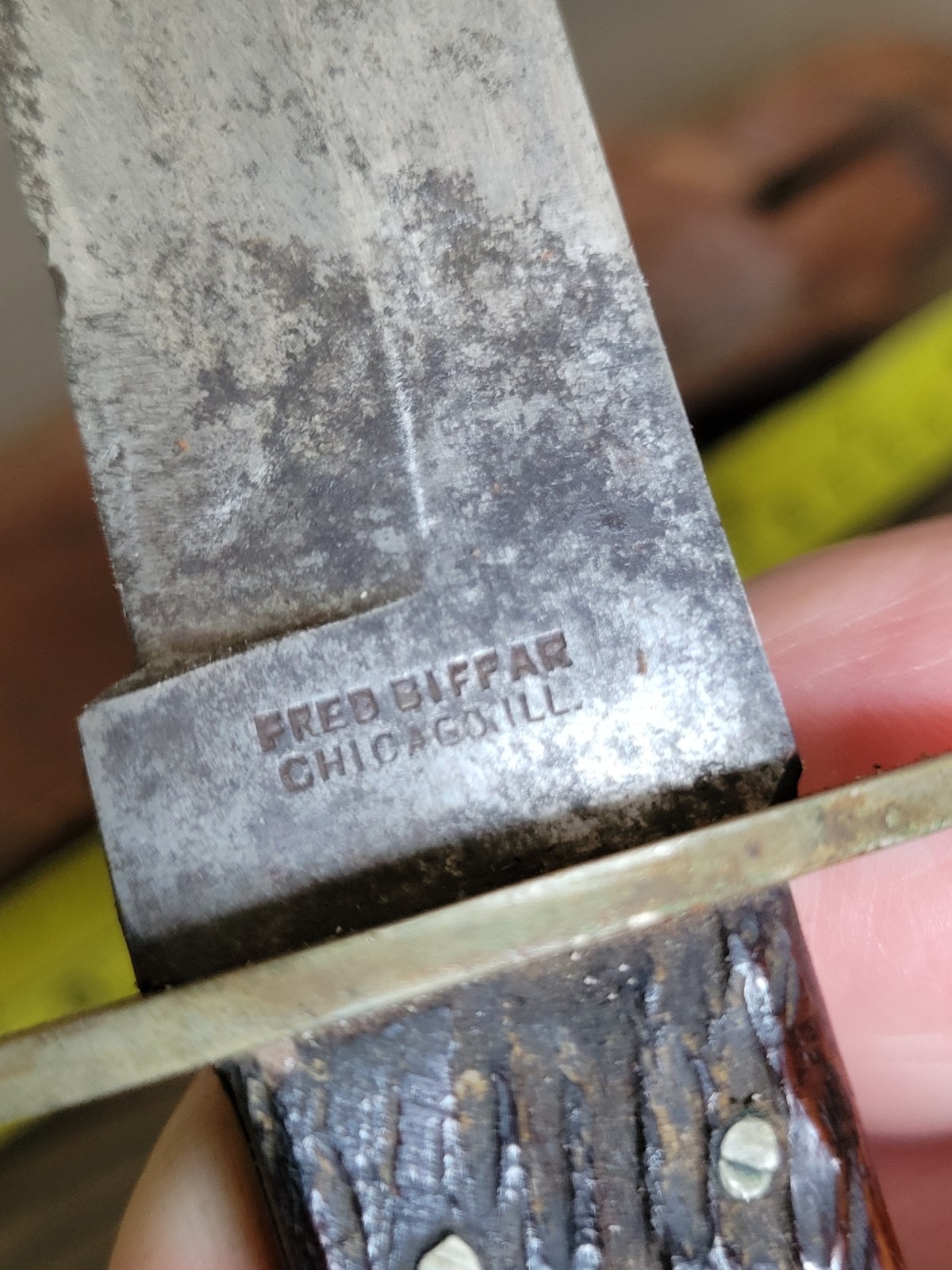 WWI Era Stag Handle Fred Biffar Chicago Ill. Bowie Knife/Side Knife w/Org Sheath