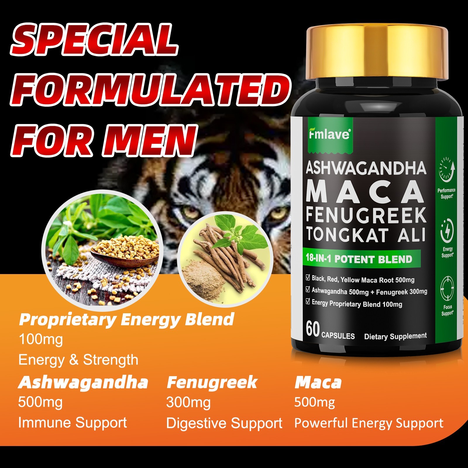 Maca Root, Ashwagandha, Panax Ginseng Fenugreek Extract Male Enhancing 60 Caps