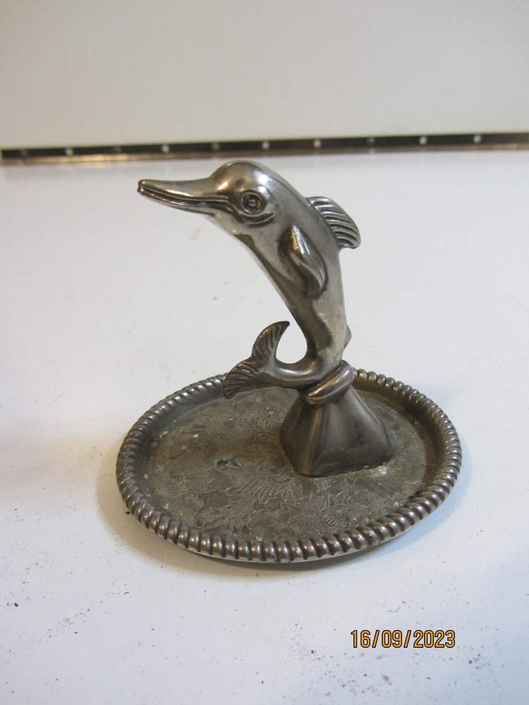 Vintage Silverplate Dolphin Ring Holder Jewelry Trinket Dish Tray 3-1/8" Tall