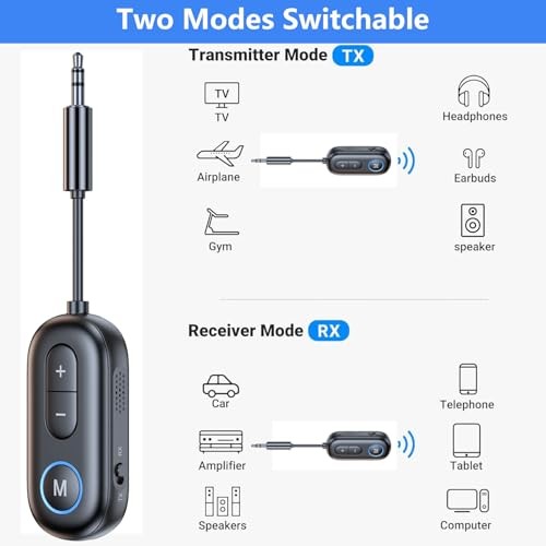 Bluetooth 5.4 Transmitter Receiver - 2-in-1 Bluetooth Wireless Audio Black