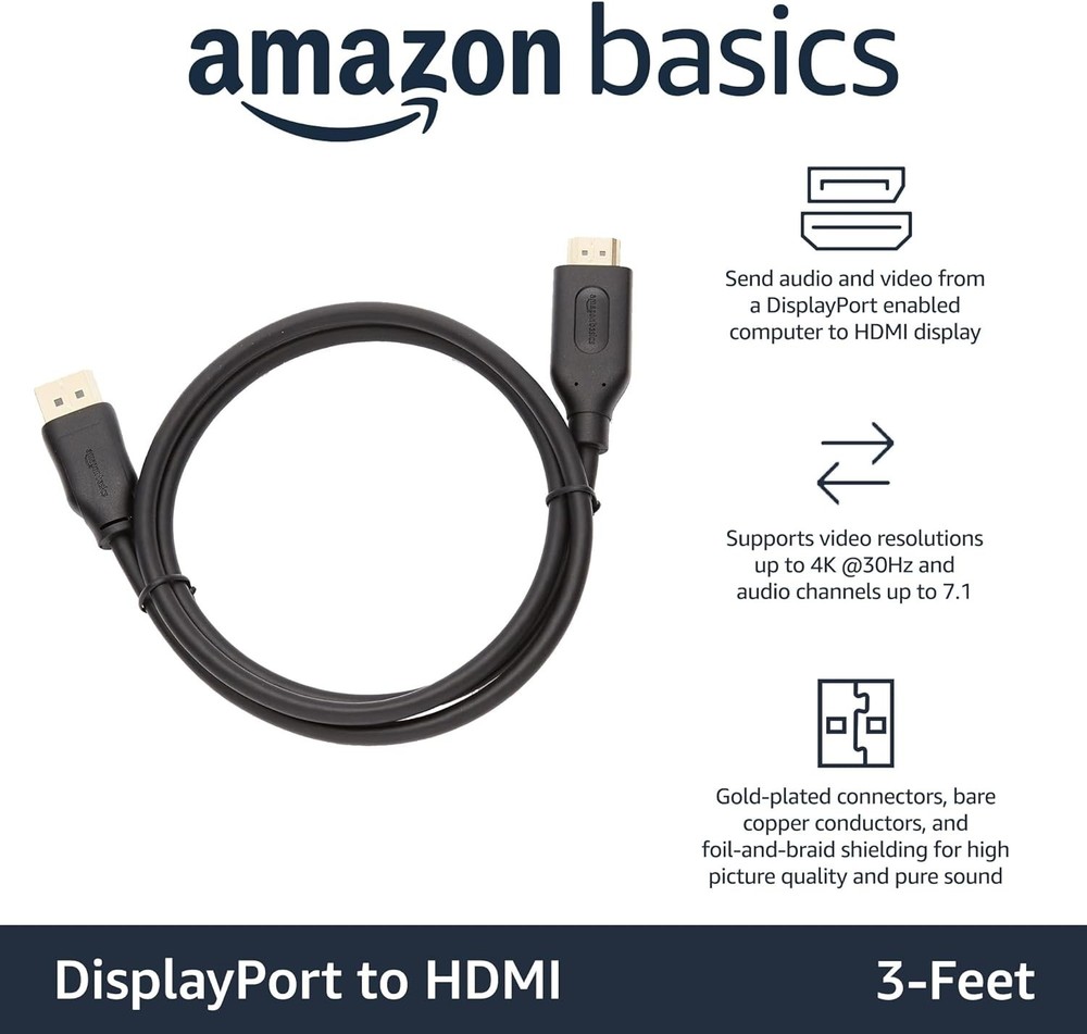 (2-10 PACK) 3FT Amazon Basics DisplayPort (Source) to HDMI (Display) 4K Cable