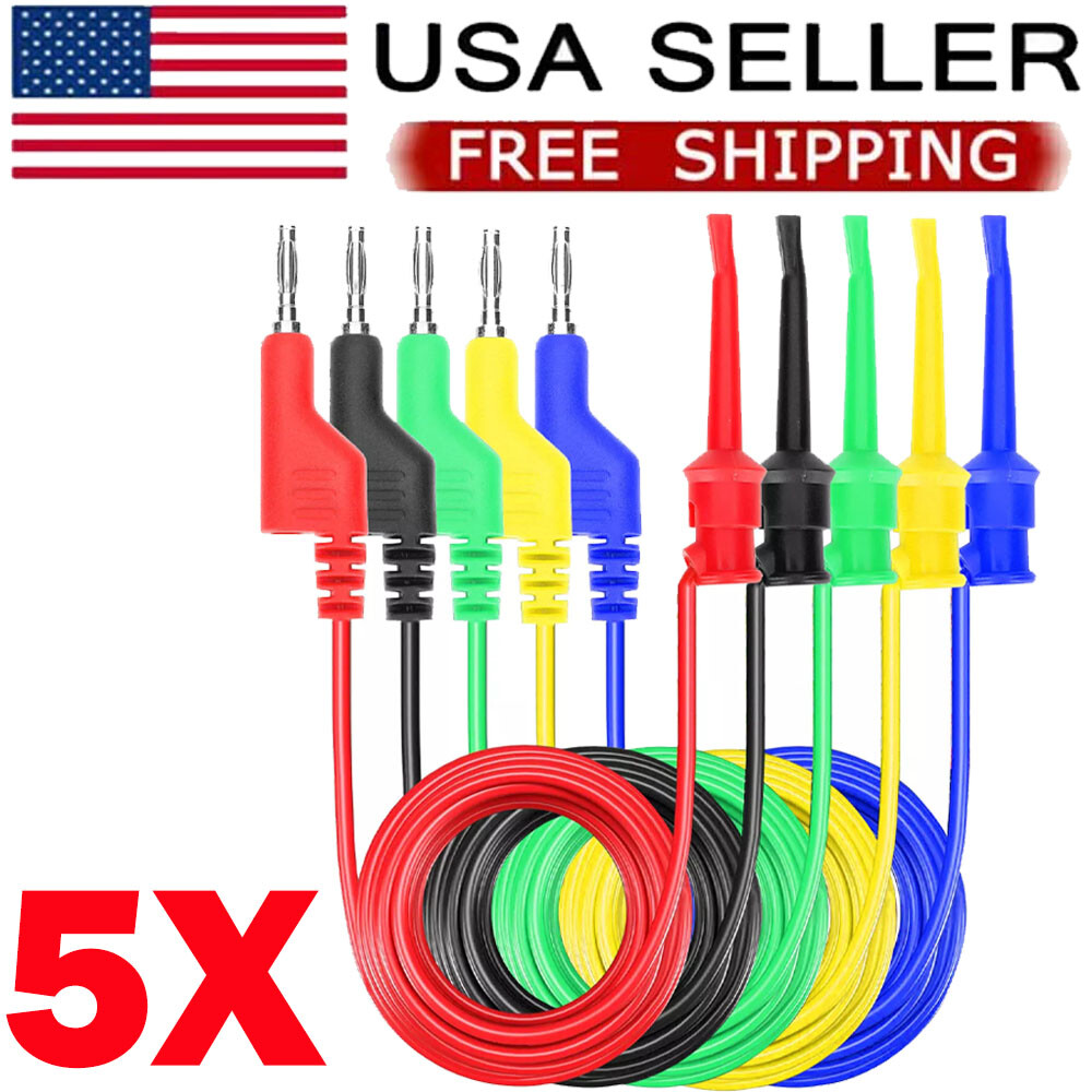 5x 4mm Stackable Banana Plug To Test Hook Clip Test Leads Mini Grabber Cable US