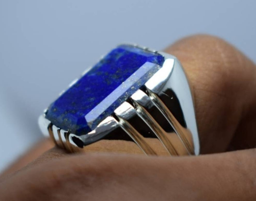 Men's Vintage Lapis Lazuli Ring | Bold Rectangular Blue Gemstone | Sterling Silv
