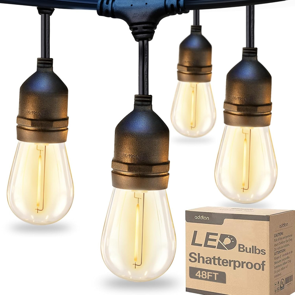 48FT LED Outdoor String Light with Dimmable Shatterproof Bulb for Home Decor