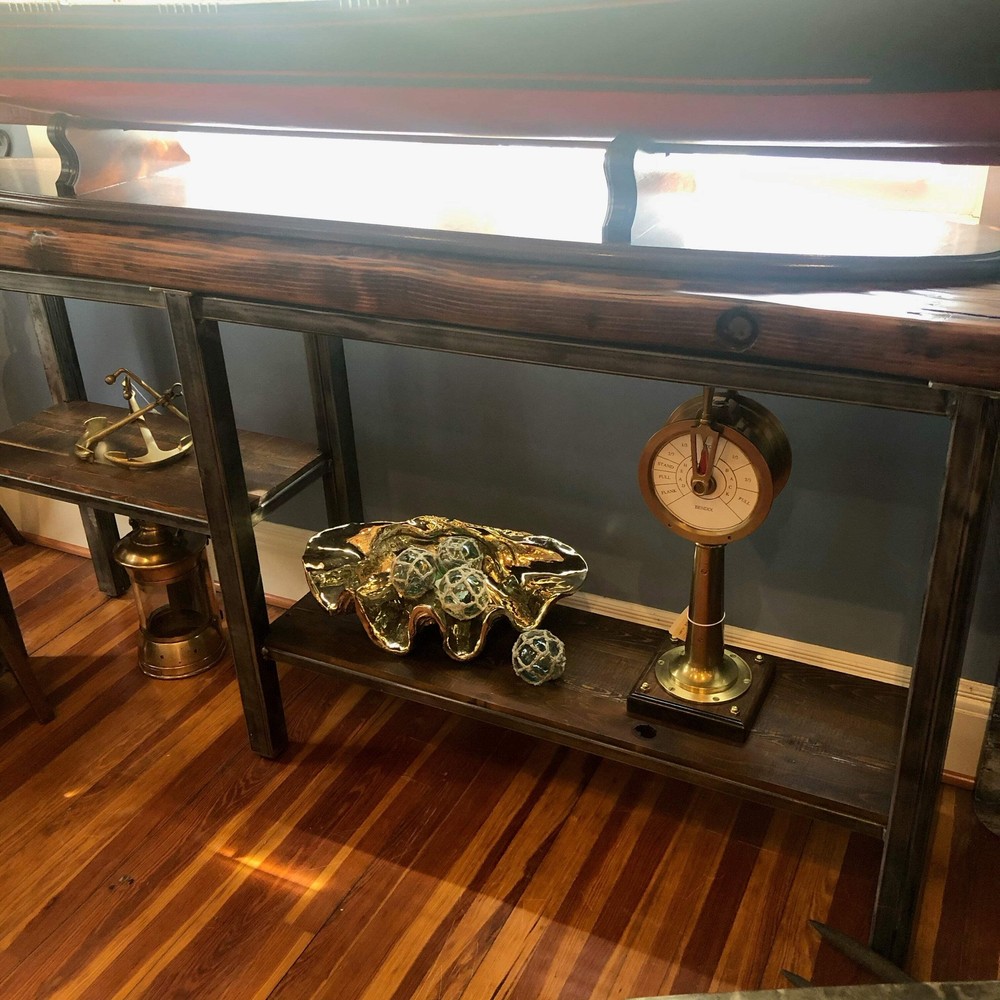 Console, Asymmetrical Double Shelf, 79” x 17” x 38”