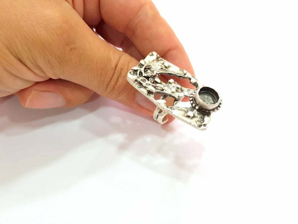 Ring Blank Base Bezel Settings Cabochon Adjustable Antique Silver Plated Brass