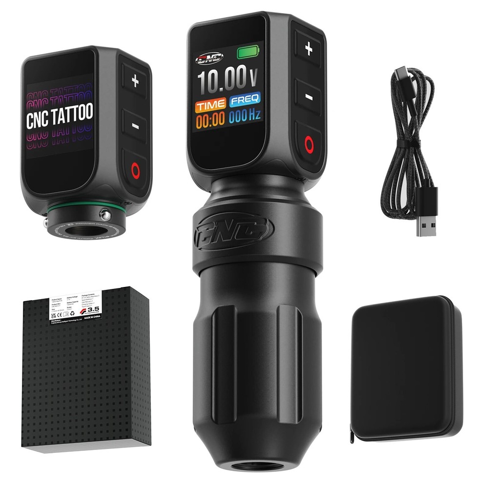 CNC E77 Wireless Tattoo Machine Adjustable Stroke LED Screen 2 Batteries CASE