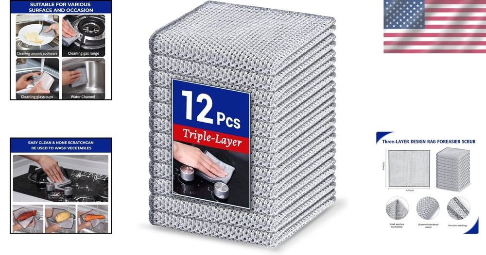 12 PCS 3-Layer Non-Scratch Multipurpose Steel Wire Dishcloths - Reusable Quick-D