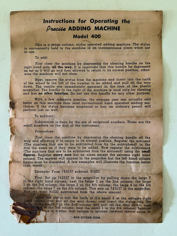 Precise Adding Machine Model 400 Operating Instruction Chicago Illinois