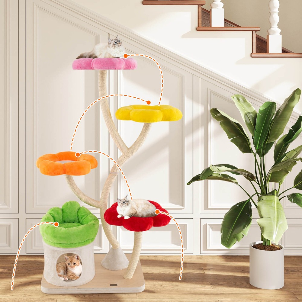 64" Multi-layer Cat Tower w/4 Colorful Flower-shaped Platforms Scratching Posts