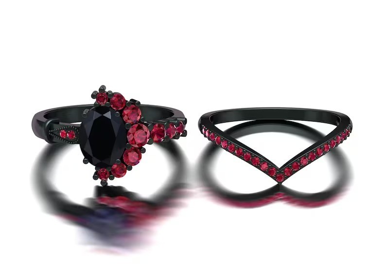 Luxurious Black Onyx & Ruby Gemstone 925 Silver Ring Band Set