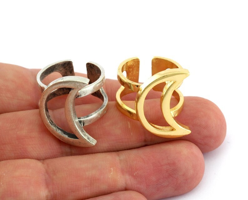 Adjustable Crescent Moon Ring, Raw Brass, Silver, Gold Finish -BA12