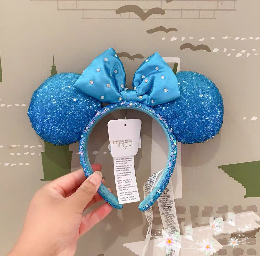 Disney-Parks Blue Aqua Sequin Diamond Minnie Mouse Mickey Ears Headband 2023