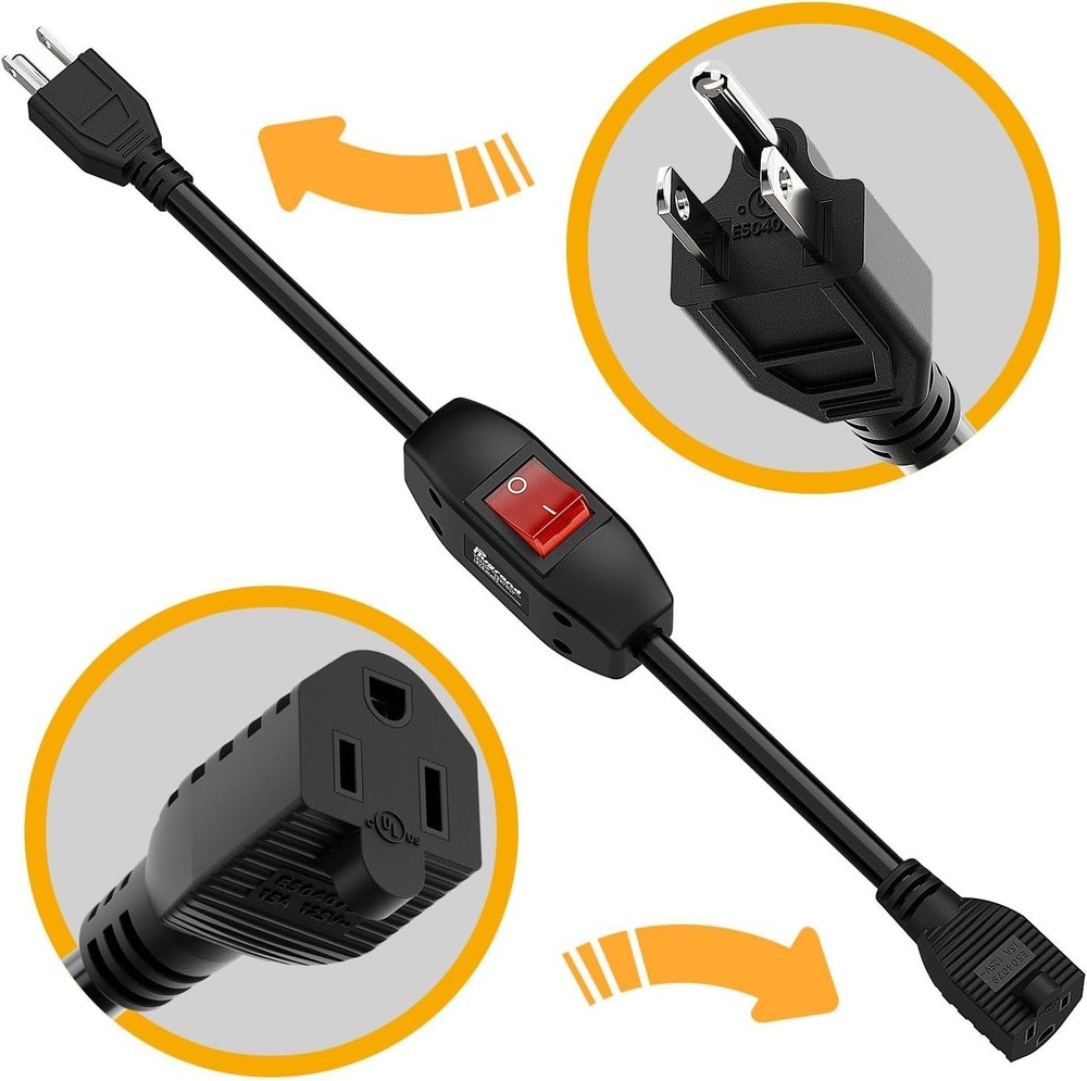 Inline On/Off Switch Extension Cord, 3-Prong Household Switchable Power Cords,