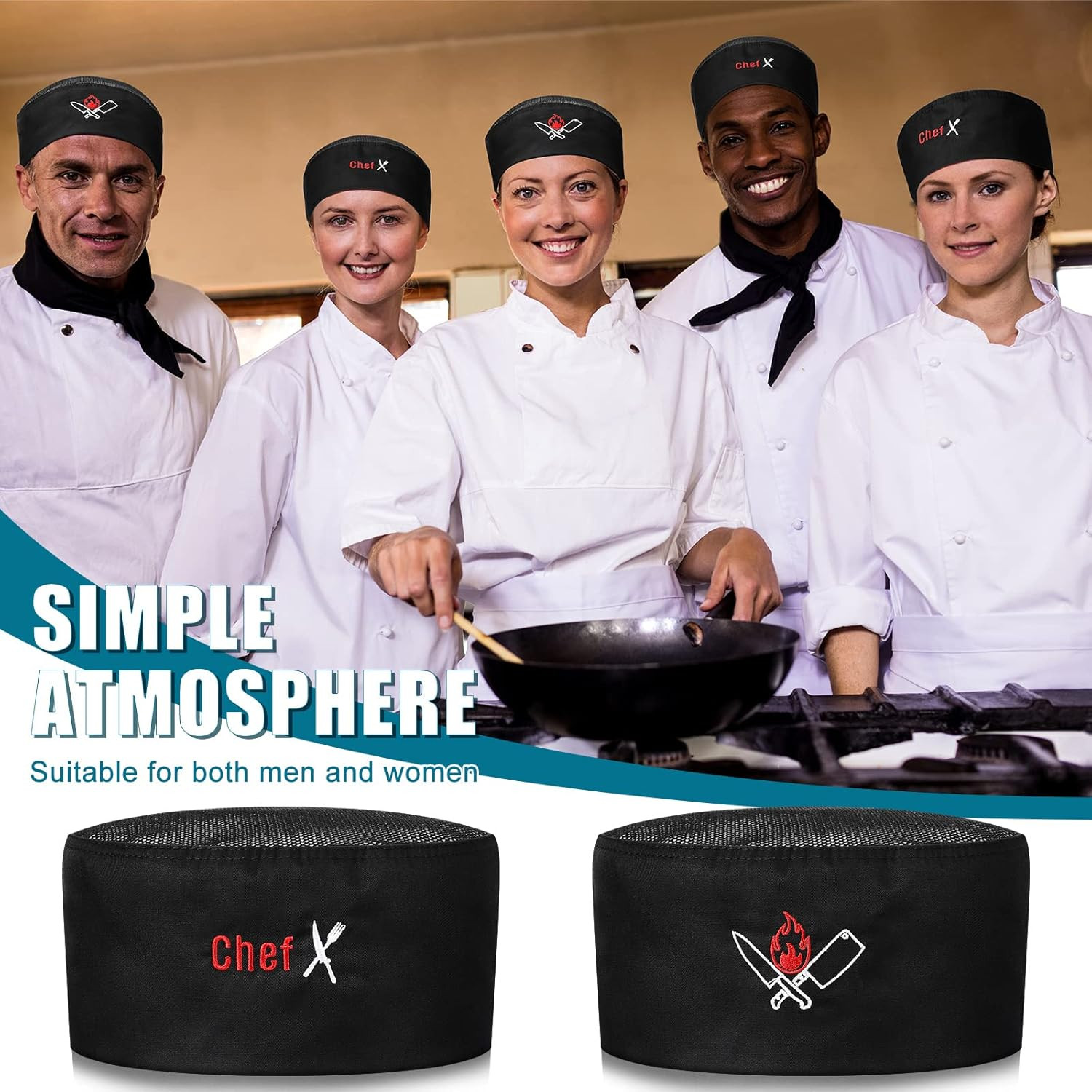 6-Pack Unisex Chef Hats Adult Black Elastic Baker Skull Caps
