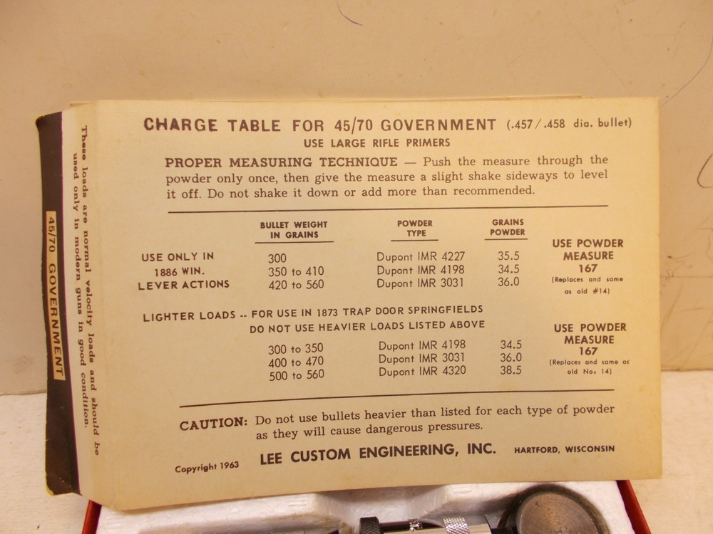 lee loader hand loader for 45/70 goverment + charge table reloading