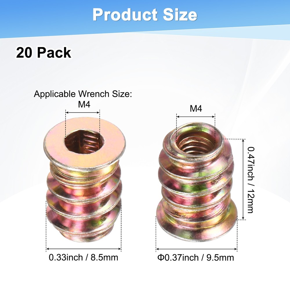 20-Pack Threaded Inserts for Wood, M4x12mm Threaded Insert Nuts [Gold Tone]