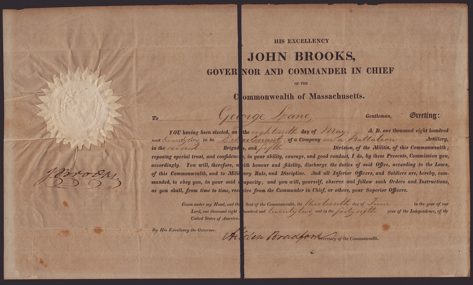 JOHN BROOKS - DOCUMENT SIGNED 06/13/1822 CO-SIGNED BY: ALDEN BRADFORD