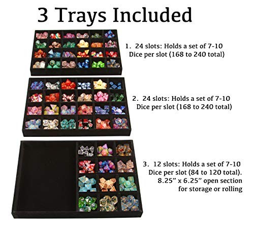 Dice Display Case and Rolling Tray with 3 Removable Divided Dice Trays -
