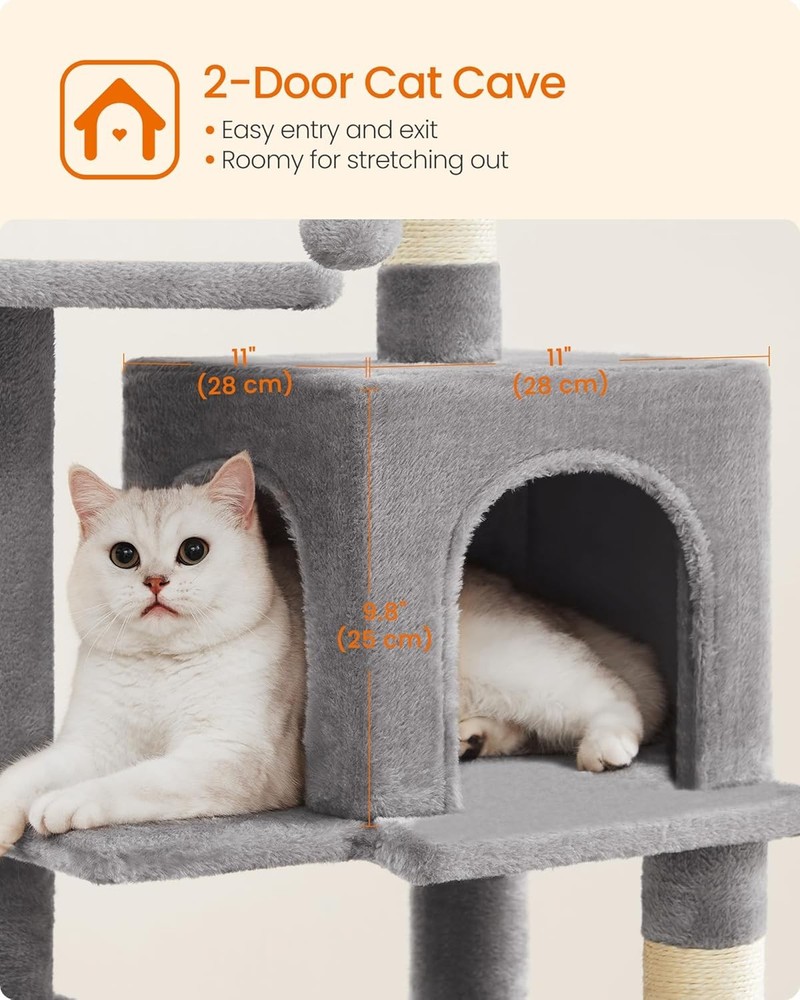 Feandrea 44.1" Cat Tree 🐱 Multi-Level Tower, Hammock, Cave, Scratching Posts