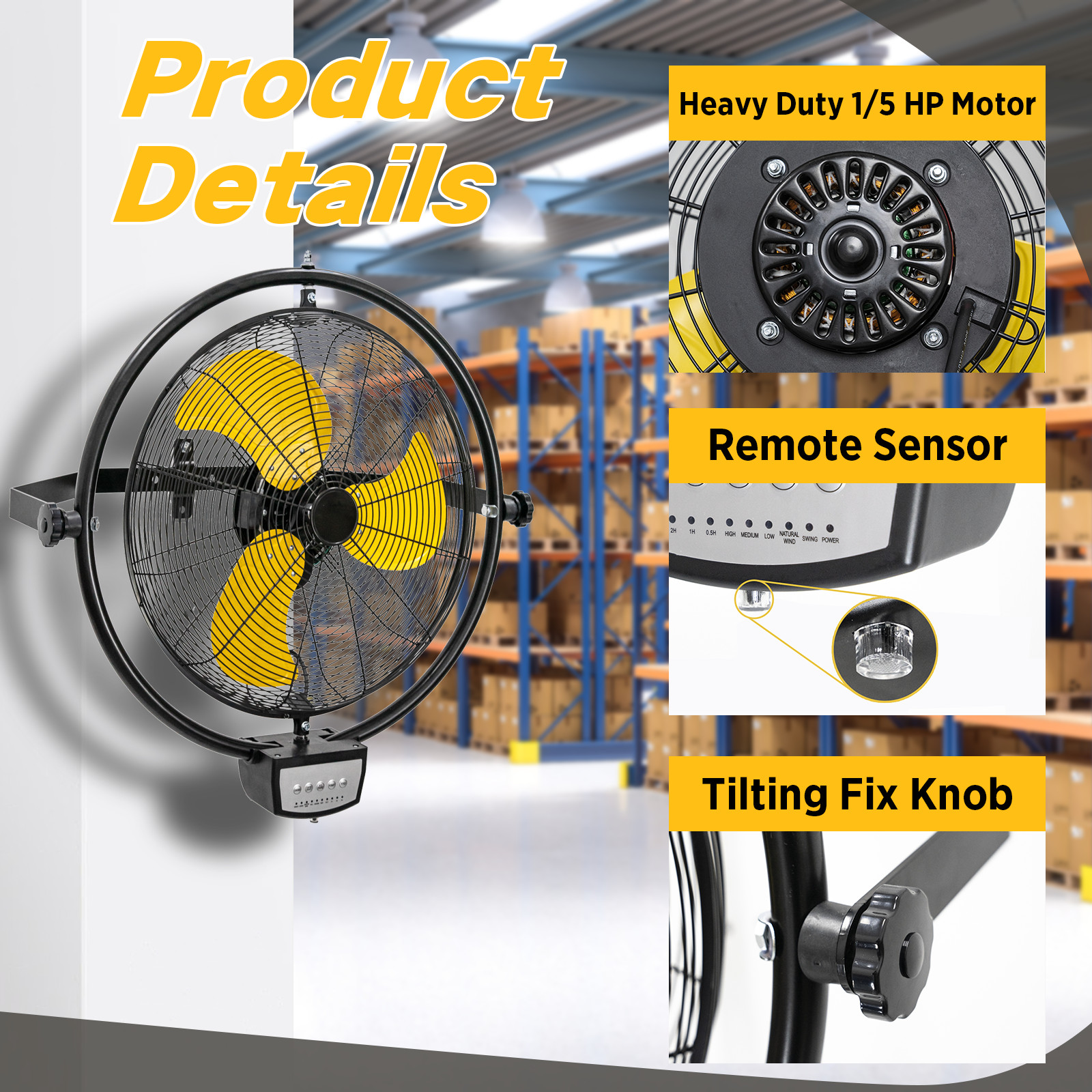 20 inch Wall Mount Fan Oscillating, 5000 CFM High Velocity Extended Remote