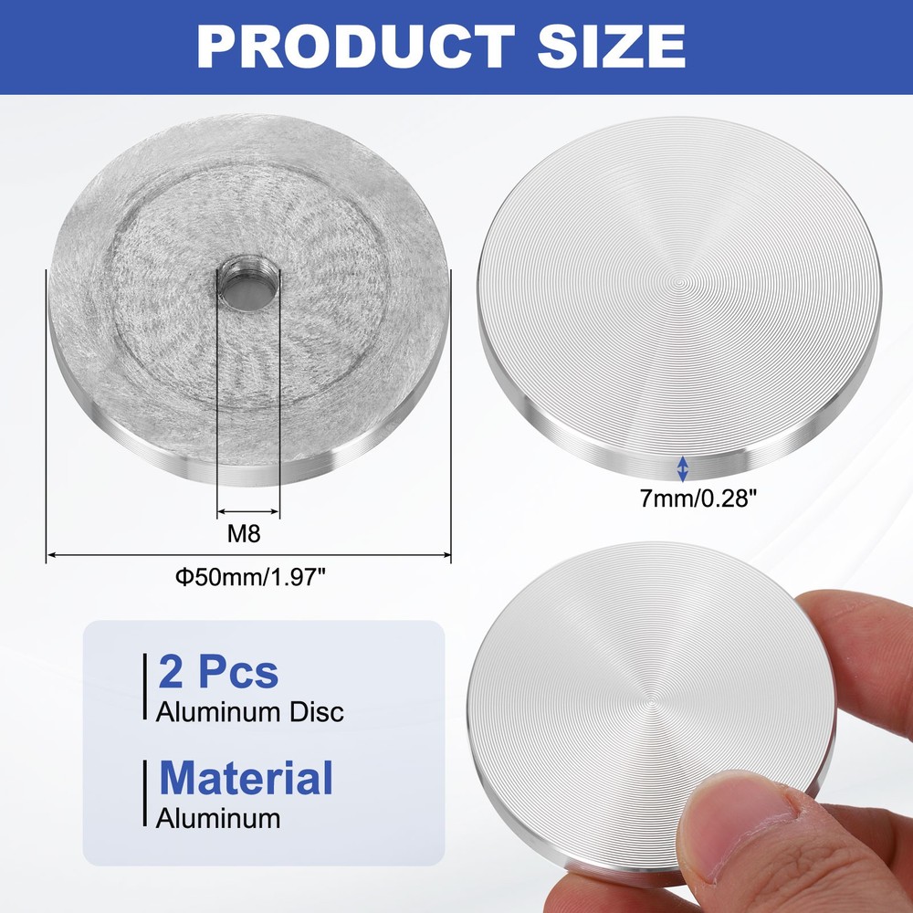 2pcs M8 Thread 50mm Diameter Round Shape Aluminum Disc Hardware, Silver