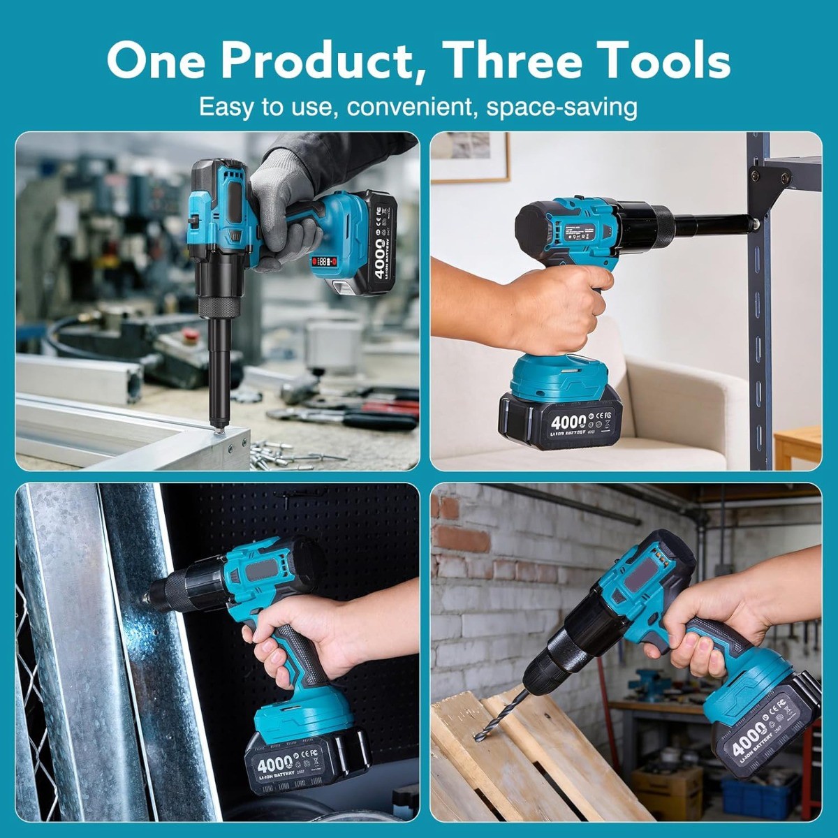 Seesii Battery Powered Pop Rivet/Nut Gun Cordless (10-24" & 1/4" & 5/16" & 3/8")