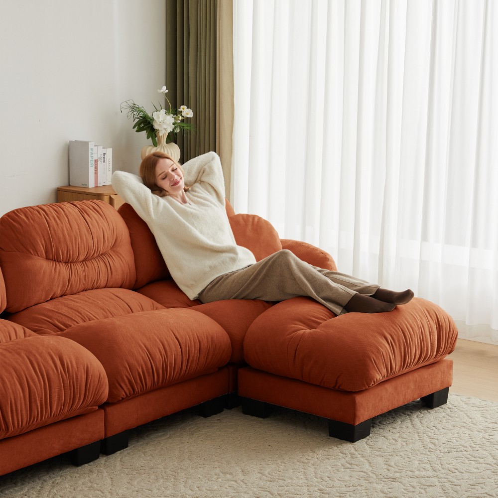 Orange L-Shape Sectional Sofa w/ Ottoman & Throw Pillows, Modular Chenille Couch