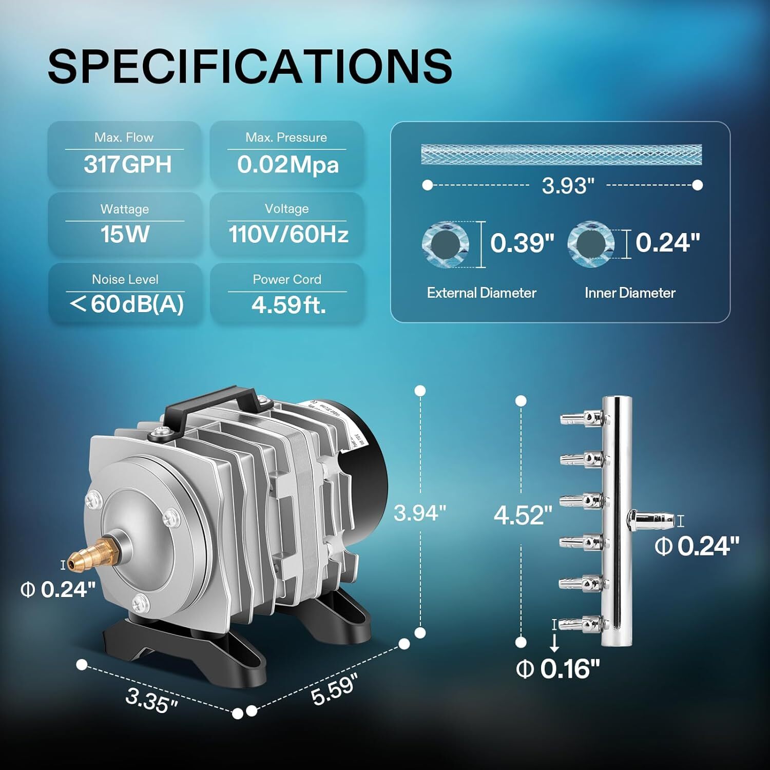 VIVOSUN 15-55W Commercial Air Pump 317GPH-1427GPH for Aquarium Hydroponic System