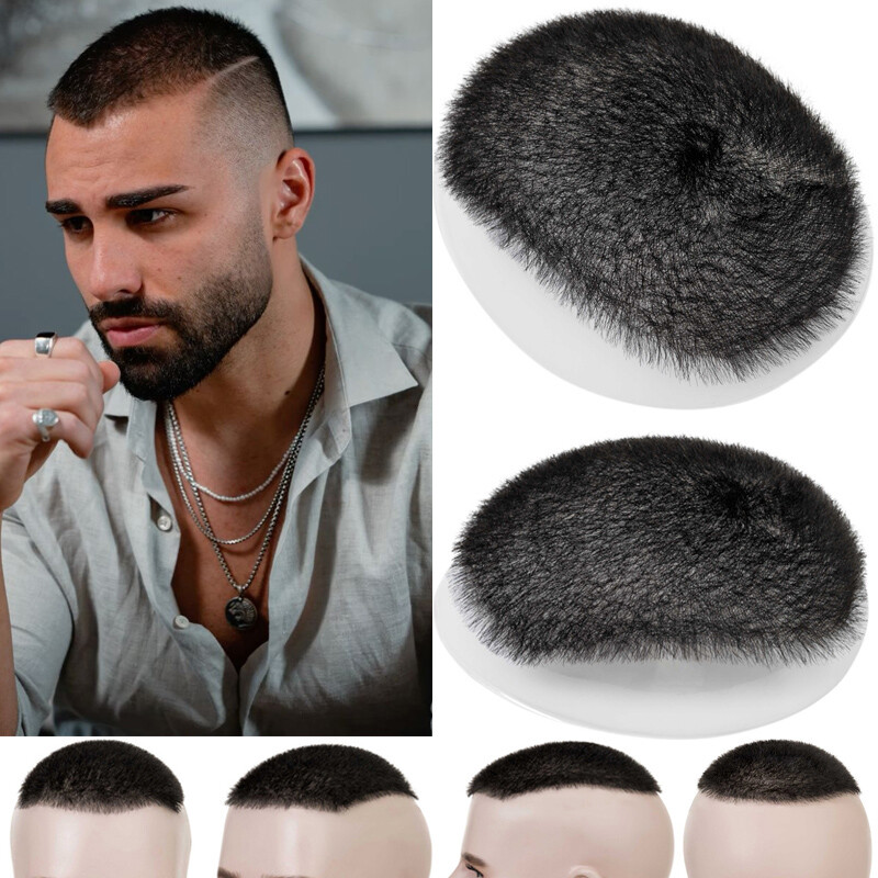 Mens Toupee Hairpiece 100% Human Hair System Thin PU Skin Base Short Buzz Cut US