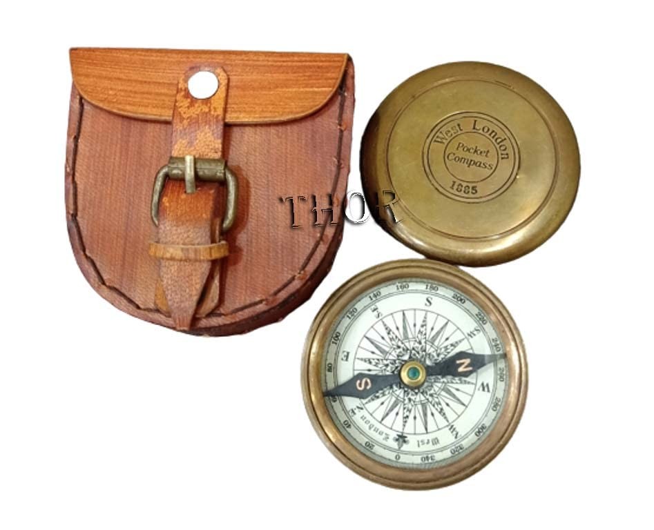 Authentic Vintage Style Brass Pocket Compass with Leather Case Rustic Vintage
