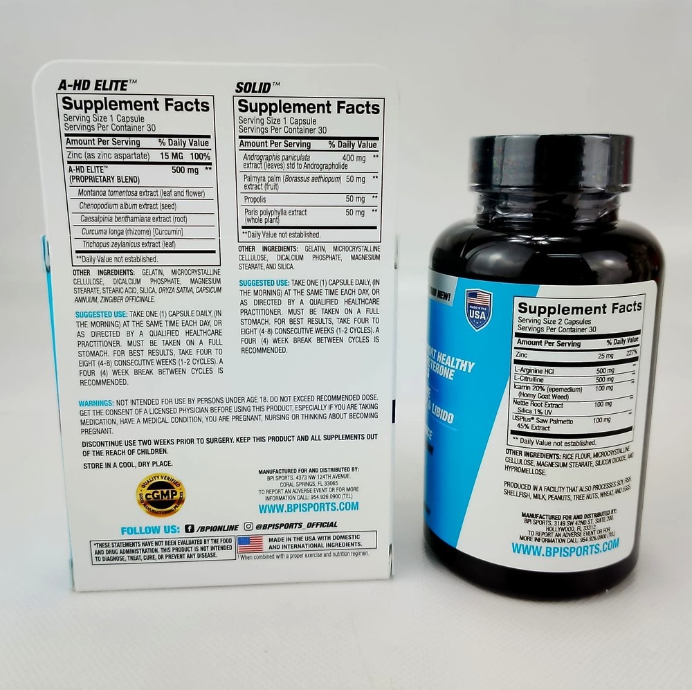 BPI Sports A-HD Elite + Solid + A-HD 30 Caps each Boost Testosterone Support