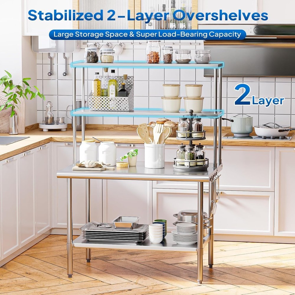 Heavy Duty 48"x30" Stainless Steel Prep Table with Adjustable Undershelf & Hooks