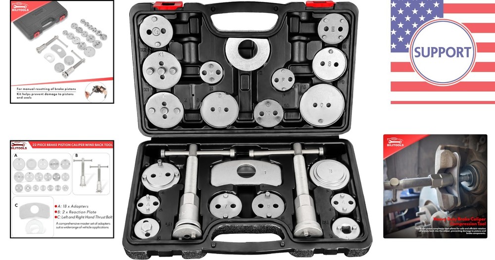 Versatile 22-Piece Brake Caliper Tool for Push & Wind Back Pistons - 18 Adapters