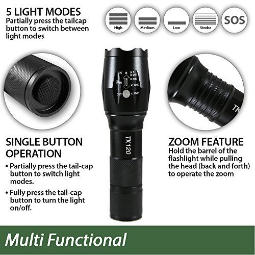 Tactical Flashlight 5 Modes LED 18650 Zoom Light Best Gift for Men - 2 PACK