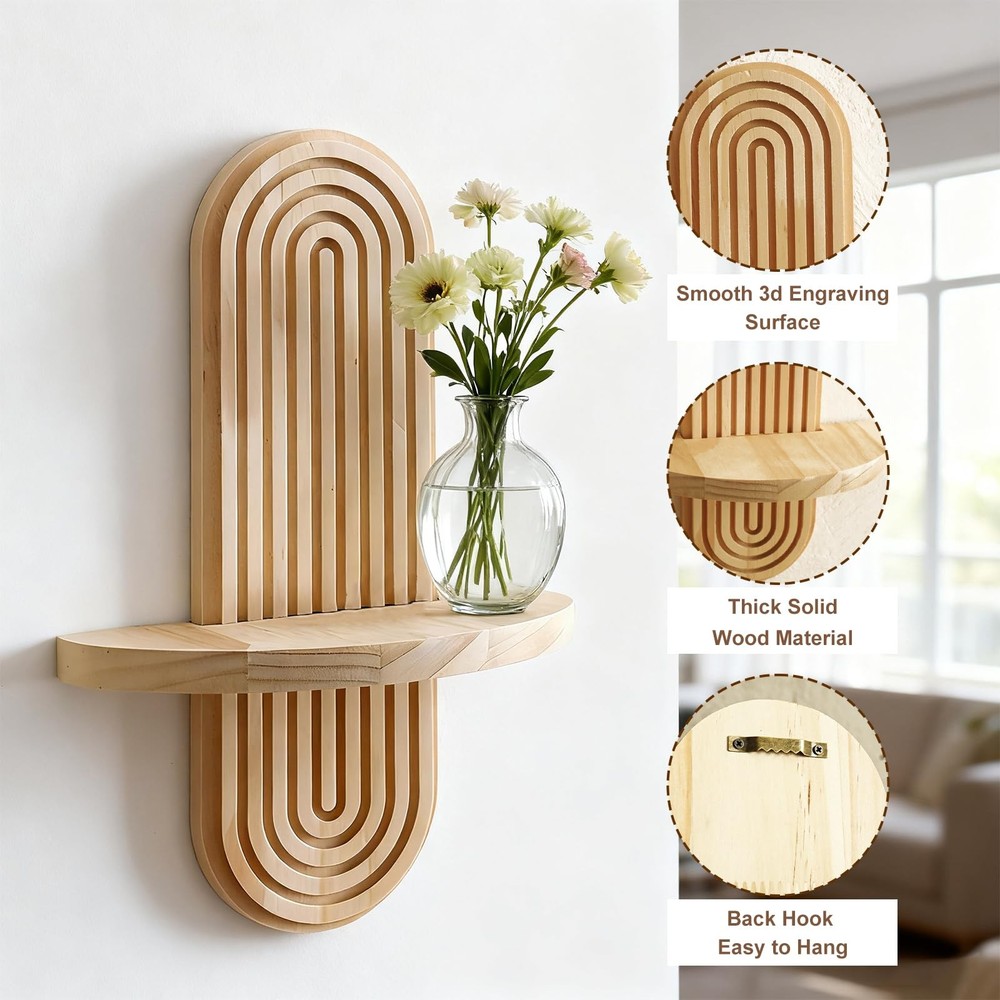2 Pack Boho Shelf Wall Decor - Handmade Solid Wood Floating Shelves Rainbow A...
