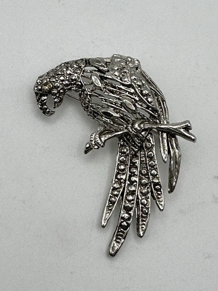 Silver Tone Parrot On Branch Brooch Unmarked