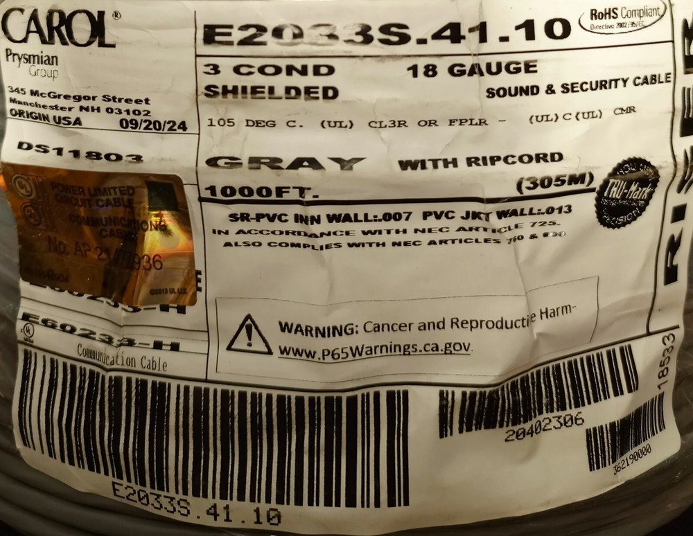 Carol E2033S. 41.10 3 Cone Shielded 18 Guage Gray 1000'
