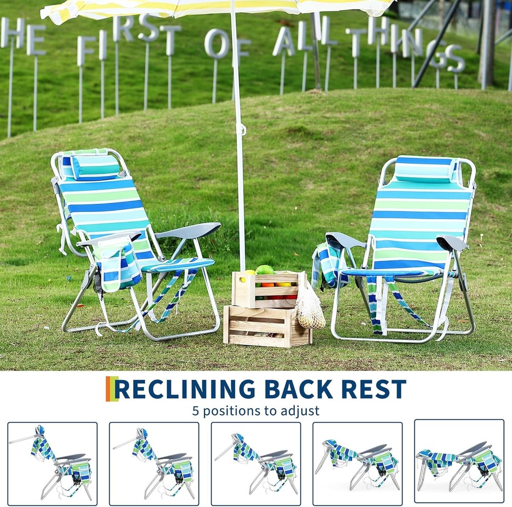 2 PCS Backpack Beach Chairs Lightweight Folding Chairs with Adjustable Backrest