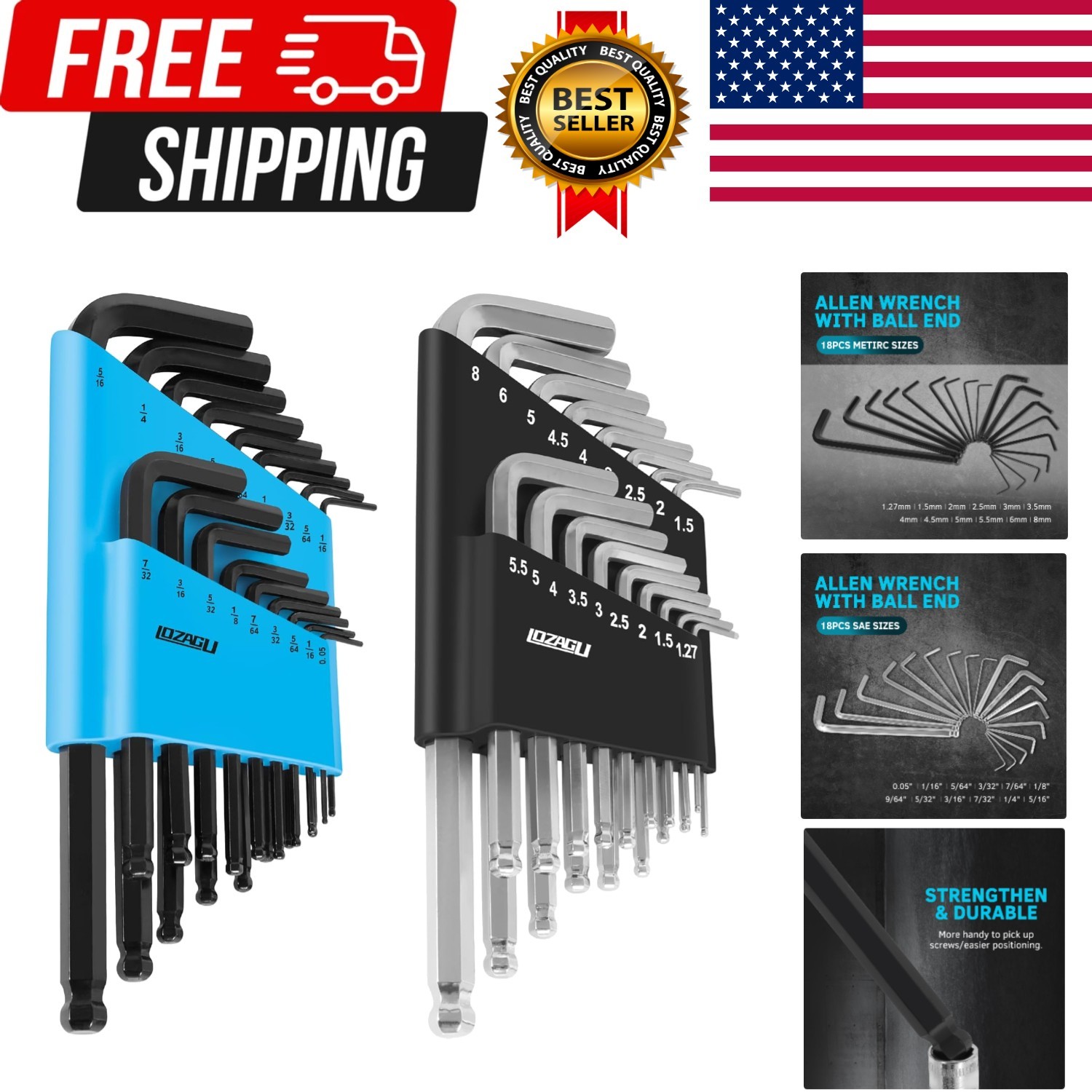 36-Piece Hex Key Allen Wrench Set with Ball End - Sae/Metric Sizes and 2 Storage
