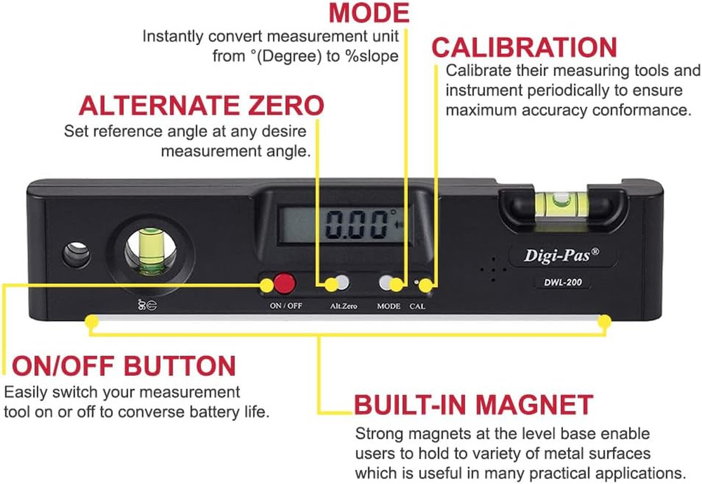 DWL200 Electronic Torpedo Level, Protractor, Angle Gauge, Angle Finder, Bevel Ga