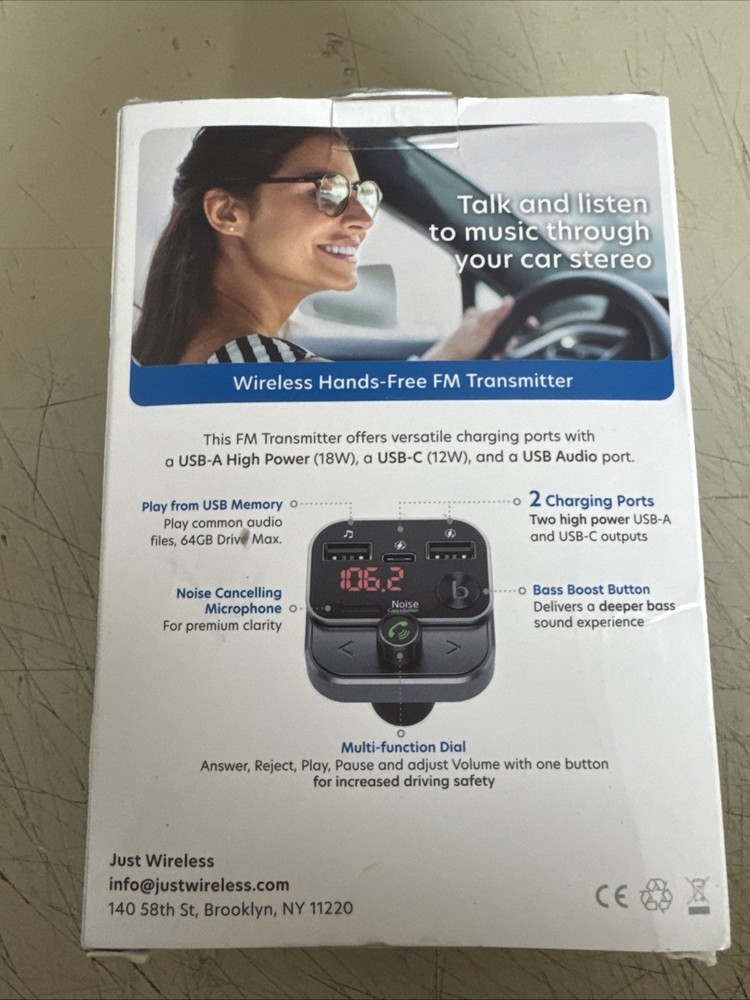 Just Wireless Wireless Hands Free FM Transmitter USB Car Charger USB A & C Ports